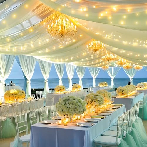 Sage Green Ceiling Drapes with Lights String for Weddings, 6 Panels 5ftx30ft Sheer Tulle Backdrop Photo Background Drapes for Wedding Ceremony Birthday Party Arch Decoration - Image 3