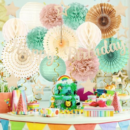 Sage-Green Champagne-Gold Birthday Party-Decorations - 29pcs Beige Retro Green Party Decorations for Women Girls, Happy Birthday Banner Paper Streamers Lanterns Tissue Pom Poms - ZERODECO - Image 4