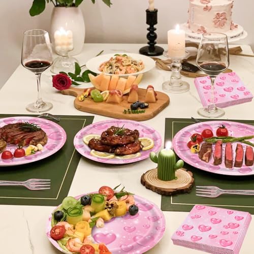 96 Pieces Valentine’s Day Tableware Set – Pink Heart Disposable Plates and Napkins for Romantic Dinners, Weddings, Anniversaries, and Valentine Parties – Serves 24 Guests - Image 5