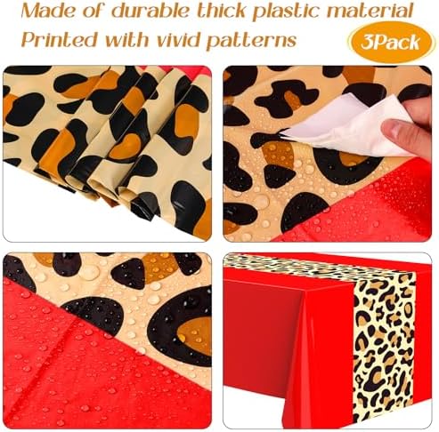 Buryeah 3 Pcs 54 x 108'' Plastic Disposable Leopard Tablecloth, Red - Image 3