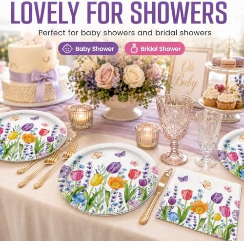 40Pcs Floral Plates and Napkins Party Supplies, Disposable Tulips Plates Napkins Tableware Set for Picnic Wedding Baby Shower Bridal Shower Birthday Tea Party Decorations (Tulip) - Image 6