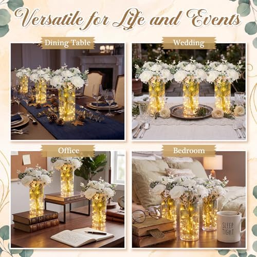 Domensi Set of 6 LED Lighted Floral Table Centerpieces, Faux Roses, Eucalyptus & Baby's Breath in Acrylic Vase, Glowing Rustic Wedding Decor for Bridal Shower, Party & Dining Table(White) - Image 5