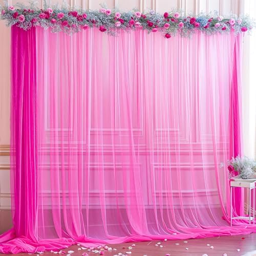 10x10ft Hot Pink Tulle Backdrop Curtain for Parites, Sheer Backdrop Curtains for Wedding Baby Shower Birthday Party Photo Shoot Decorations by Partisky