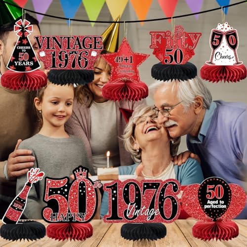 9Pcs 50th Birthday Decorations Red and Black 50th Birthday Party Decorations for Women,Happy 50 Years Vintage 1976 Aged Honeycomb Centerpieces Table Sign Decor Supplies - Image 4