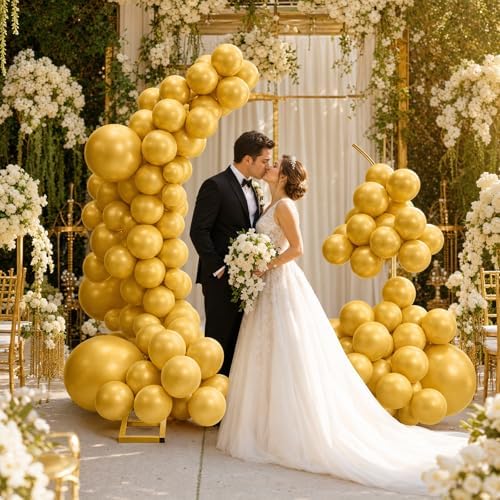 Balloon Arch Stand Kit Set with 145PCS Metallic Gold Balloons – Duty Metal Wedding Backdrop Frame with 8 Water Bags, Gold Semi-Open Arch for Birthday, Party Decorations Indoor Outdoor. - Image 4