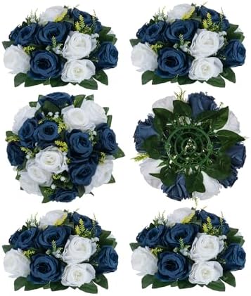 BLOSMON Flower Balls Table Centerpieces: 6 Pcs Fake Flowers Navy Blue White Wedding Kissing Rose Balls Decor - Artificial Floral Arrangements Flower Bouquet of Roses Home Party Table DIY Decorations by Blosmon