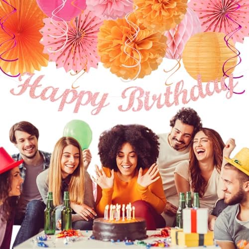 Hot-Pink Orange Fall Birthday Party-Decorations - 21pcs Autumn Women Peach Happy Banner,Girls Groovy Paper Streamers Lanterns Honeycomb,Tissue Flowers Pom Poms Fan, Boho Garland Room Decor - Image 5