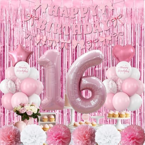 16th Birthday Decorations Girls Pink Number 16 Balloon Bow Coquette Party - Image 2