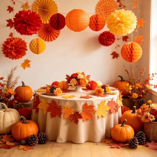 ZOOYOO Hanging Paper Fans Party Decorations,12 Pcs Red Orange Brown Honeycomb Round Fans,Ceiling Decor for Birthday,Wedding,Fall,Harvest,Thanksgiving Party Backdrop - Image 3