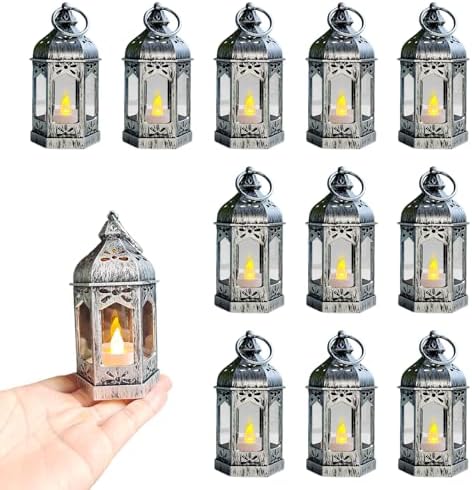LLQ 12Pcs Mini Silver Lantern with LED Tea Light, Vintage Hanging Moroccan Small Lanterns Decorative, Battery Included, for Ramadan, Wedding, Halloween, Christmas, Diwali Table Centerpiece by LLQ-LuckLifeQuality