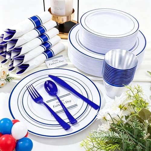 WELLIFE 350 Pcs Blue Plastic Plates for 50 Guests - Plastic Dinnerware Set,Party Supplies Includes 100 blue plates,150 Silverware,50 Napkins,50 Cups,Blue and White Plates - Image 4