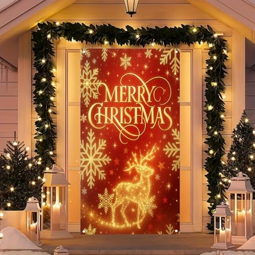 BlissYard Merry Christmas Door Cover 71x35 Inch Front Porch Door Banners Decoration Winter Golden Reindeer Snowflake Stars for Sign Party Indoor Decor - Image 3