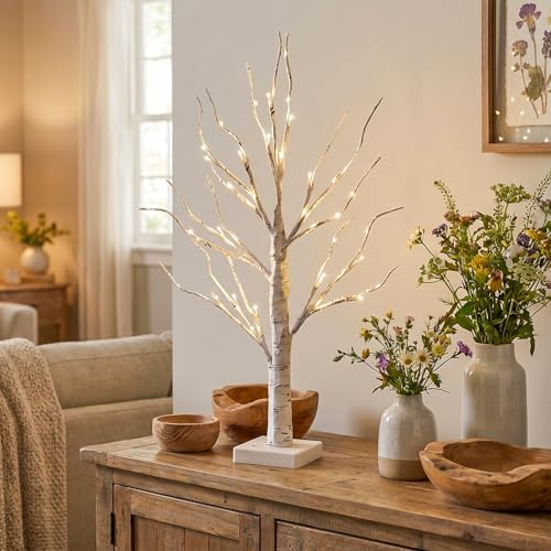 Vanthylit Lighted Tree, White Birch Tree with LED Lights, Prelit Artificial Tree with Timer, Centerpiece Tree Light for Christmas Decorations, Light Up Tabletop Tree Home Decor (2 FT, Warm White) - Image 2
