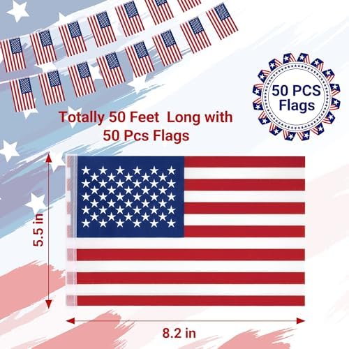 52FT 4th of July Decorations Outdoor, 50 PCS Fourth of July Banner, 5.5 x 8.2 Inches American String Flag Banner for Patriotic Independence Day Fourth of July Accessories Party Home Patio Decor - Image 2
