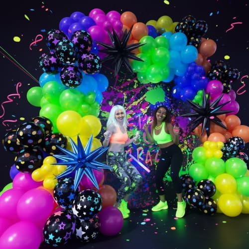 185Pcs Neon Balloons Arch Garland Kit with Glow in the Dark Balloons, Neon Balloons Arch Kit for Back to 80s 90s DISCO Birthday Party Decorations, Let's Glow Party, Rock Roll Party Supplies - Image 6
