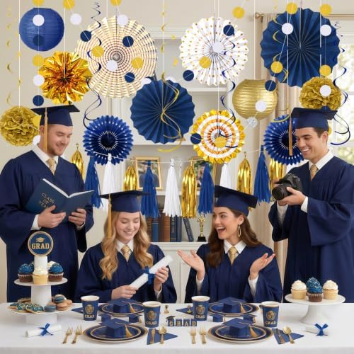 Meiduo 34 Pcs Blue Gold Party Decorations, Paper Fans Lanterns Pom Poms Set - Image 5