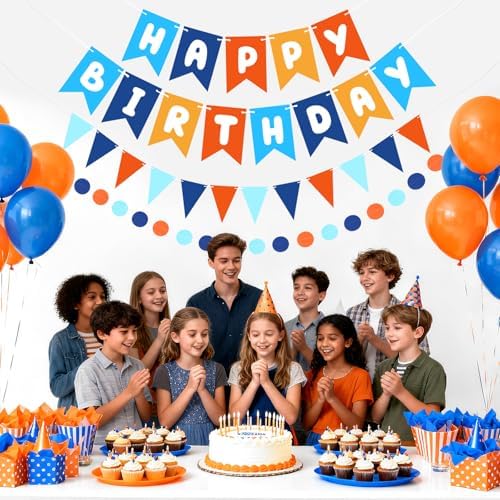 Blue Orange Happy Birthday Banner Hanging Sign Circle Dot Triangle Bunting - Image 4