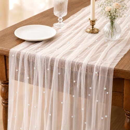 4 Pcs Pearl Table Runner 29x72 Inch White Tulle Wedding Table Decor by Unknown