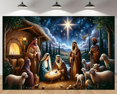 9x6ft Nativity Backdrop Bethlehem Star Holy Family Shepherds Sheep Background for Merry Christmas Religious Celebration Winter Holiday Church Event Baby Shower Decor Booth Prop Wallpaper by MAEQLQLM