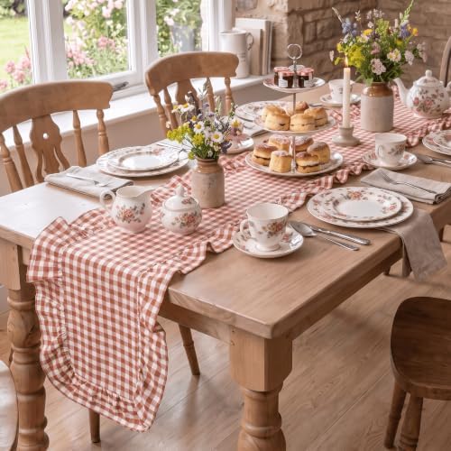 Artoid Mode Caramel Farmhouse Plaid Gingham Ruffle Table Runner, Seasonal Scalloped Fall Kitchen Dining Table Decoration for Home Party Decor 13x90 Inch - Image 6