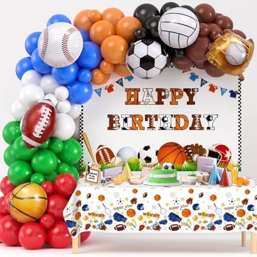 Winrayk 130Pcs Sports Birthday Party Decorations Supplies Sports Balloon Arch Backdrop Tablecloth Football Soccer Baseball Glove Basketball Volleyball Balloon Kid Sport Themed Birthday Party Supplies by Winrayk