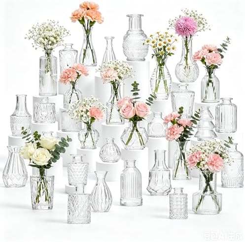 32 Pcs Clear Glass Bud Vases in Bulk, Small Vintage Bud Vase Set for Flowers, Mini Glass Vases for Wedding Centerpieces, Baby Shower, Table Decorations, Event Decor, 3.1"-5.1" by YINGERHUAN