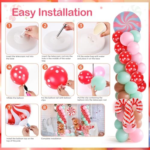 2 Sets Christmas Gingerbread Balloon Stand for Floor Adjustable Red Whilt Balloons Column Kit Set of 2 with Candy Crutch Balloons Tower Stand for Birthday Baby Shower Party Supplies - Image 5