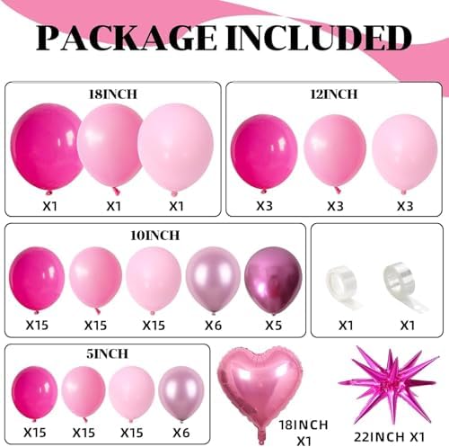 Pink Balloon Arch Kit, 112 PCS Pink and Hot Pink Pastel Pink Metallic Balloons Garland with Explosion Star Heart Foil Balloons for Girls Birthday Bridal Valentine's Day Princess Party Decorations - Image 2