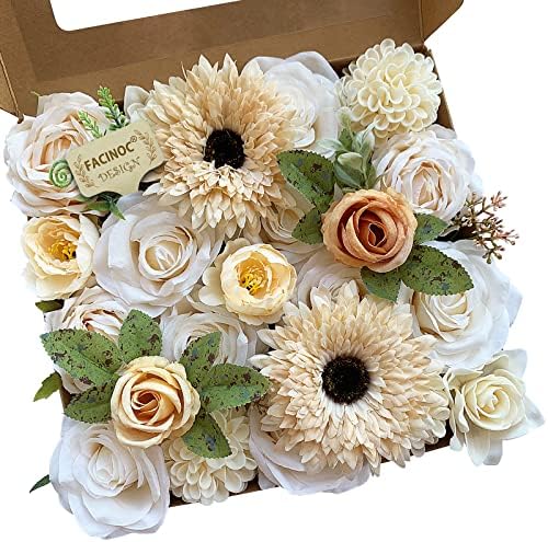 FACINOC Roses Artificial Flowers White Combo Box Set Fake Flower with Stems by FACINOC