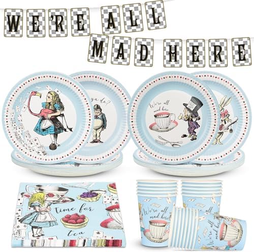 Talking Tables 50pcs Alice in Wonderland Disposable Plates, Cups, Napkins & Bunting Party Set for 16 Guests | Mad Hatter Party Decorations | Birthday Tea Party Decorations by TalkingTables