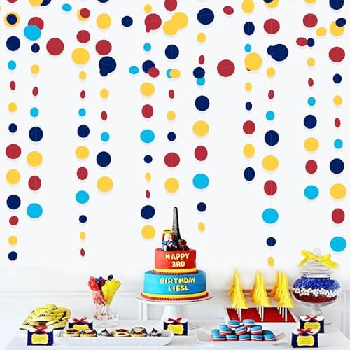Red Blue Yellow Party Decorations Circle Dots Garland Hanging Paper Polka Dot Streamer for Carnival Circus Clown Fiesta Festivals Birthday Wedding Bridal Shower Wedding Shower Party Supplies - Image 7