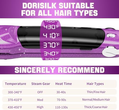 DORISILK 2.0 Upgraded Steam Straighteners for Hair, Professional Salon Ceramic Vapor Steam Flat Iron Hair Straightener and Curler 2 in 1 Straightening Curling Iron 1″, Dual Voltage LED Temp, Purple - Image 6