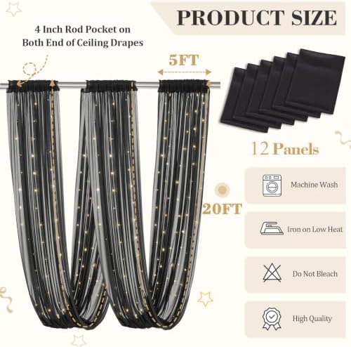 12 Panels Black Ceiling Curtains with Lights for Weddings - 5ftx20ft Wrinkle-Free Tulle Fabric Wedding Arch Draping Ceiling Drapes Decorations for Wedding Party Ceremony Stage Tent Event - Image 4