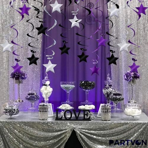 Purple Black Silver Hanging Swirl Decorations - 30 Pcs Metallic Ceiling Swirls with Foil Stars, Plastic Streamers for Graduation, Halloween, Birthday, Wedding, Baby Shower Party Supplies - Image 6