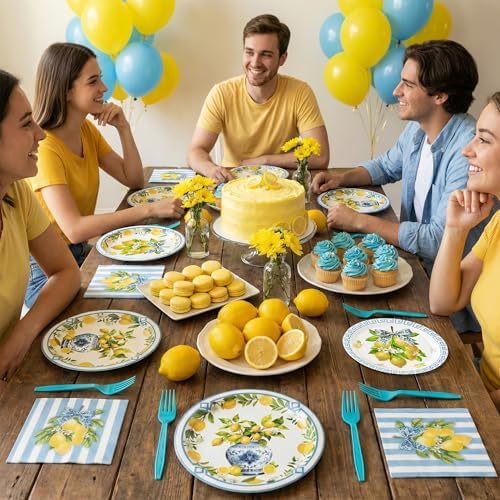96Pcs Chinoiserie Vase Lemon Party Plates Supplies Capri Lemon Blue White Vase Tableware Decorations Disposable Paper Plates Napkins Forks for Birthday Summer Party Wedding, Serves 24 - Image 6