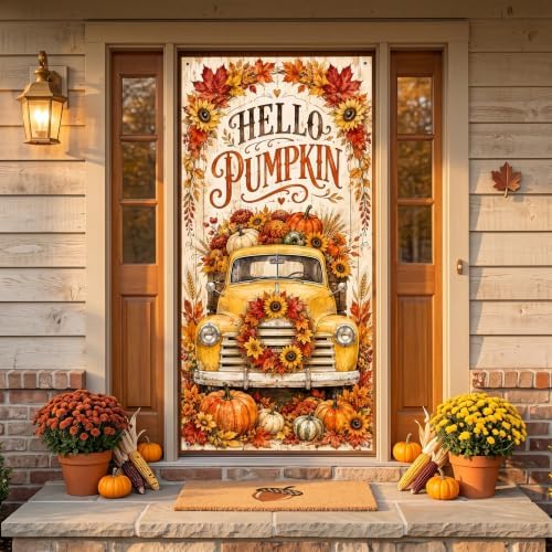 Fall Vertical Door Banner 35x71 Inch, Autumn Front Door Cover with Vintage Yellow Truck Pumpkins Sunflowers Maple Leaves Harvest Hanging Flag for Farmhouse Porch Yard Thanksgiving Outdoor Decor - Image 5