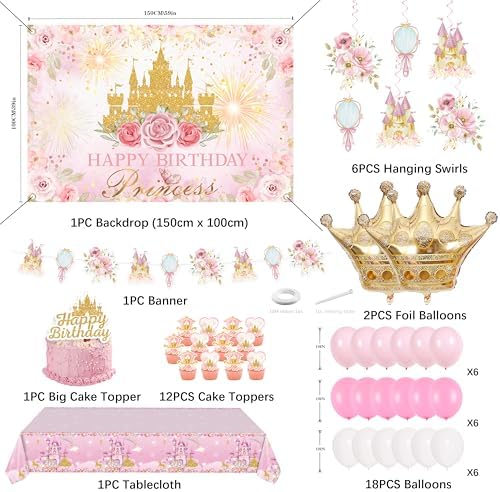Happy Birthday Decorations For Women Men,Birthday Backdrop,Banner Balloons,Table Cloth,Paper pom poms Party Supplies for Girls Boys (Princess) - Image 2