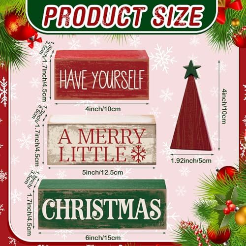 Moucuny 4 Pcs Christmas Table Decor, Wooden Red Merry Christmas Tree Signs - Image 3