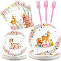 Tevxj 96PCS Woodland Baby Shower Tableware Set Girls Pink Safari Dinnerware Disposable Plates Woodland Party Plates Napkins Forks for Forest Animal Deer Flower Party Decorations Supplies 24 guests by Tevxj