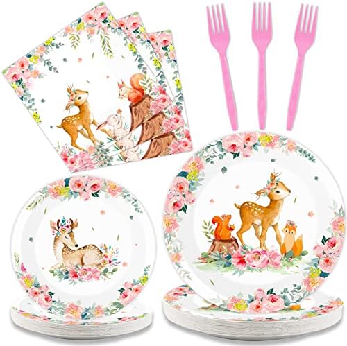 Tevxj 96PCS Woodland Baby Shower Tableware Set Girls Pink Safari Dinnerware Disposable Plates Woodland Party Plates Napkins Forks for Forest Animal Deer Flower Party Decorations Supplies 24 guests by Tevxj