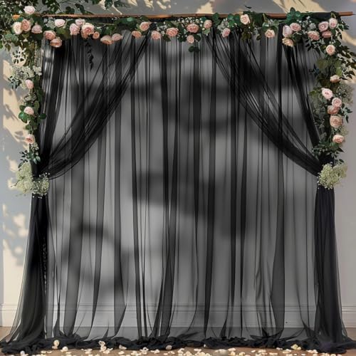 10ft X 10ft Black Sheer Backdrop Curtain for Parties, Tulle Sheer Fabric Backdrop Curtain Drapes for Baby Shower Birthday Party Photo Shoot Halloween Decorations - Image 2