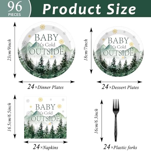 96Pcs Baby It's Cold Outside Plates and Napkins for Winter Baby Shower Party Supplies Forest Wonderland Dessert Disposable Plates Snowflake Tableware Set for 24 Guests Birthday Party Decorations - Image 2