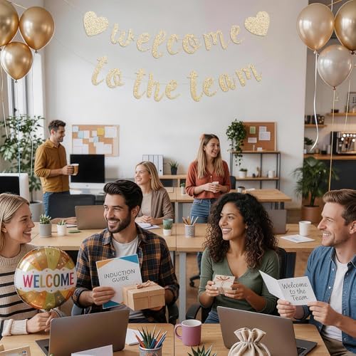 Welcome to the Team Banner Pre-Strung No DIY, Glitter New Employee Welcome Decorations for Office, Script Cursive 300gsm Cardstock with Heart Signs, Coworker Onboarding Party Supplies (Champagne Gold) - Image 7