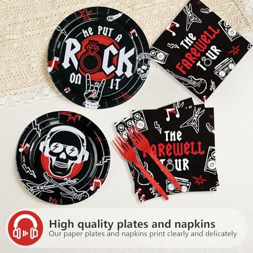 96Pcs Rock and Roll Party Decorations He Put A Rock On It Plates and Napkins Rock N Roll Tableware Sets for Boys Girls Bachelor Rockstar Guitar Music Theme Born to Rock Party Decorations Supplies - Image 3