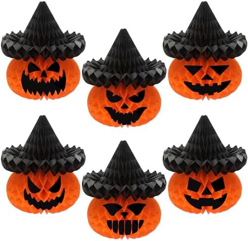 Fourluoo 6 Pcs Halloween Pumpkin Witch Hat Paper Honeycomb Centerpieces - Image 7