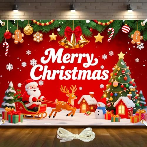 7x5ft Merry Christmas Backdrop Christmas Party Decoration Banner Xmas Backdrops for Wall Snowy Winter Santa Claus Elk Gifts Banner New Year Eve Family Party Supplies with 19.68ft Ribbon by DuoduoBuy