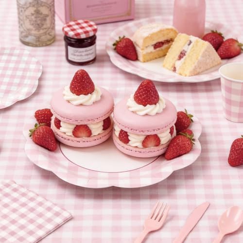 168Pcs Pink Gingham Scalloped Paper Plates and Napkins Set for 24 Guests - Image 7