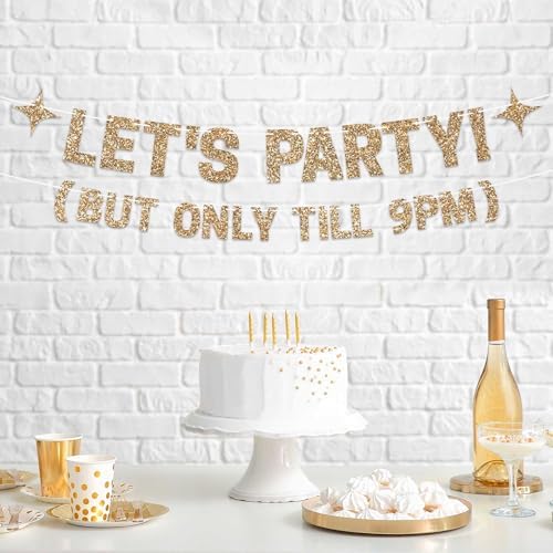 Pre-Strung Let's Party But Only Till 9 PM Banner - Gold Glitter Bday Banner - Image 2