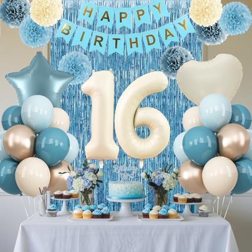 Dusty Blue 16th Birthday Party Decorations Boys Beige Number 16 Balloon - Image 2