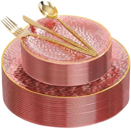 I00000 150 Pcs Clear Pink Plastic Plates, Disposable Hammered Party Plates by I00000